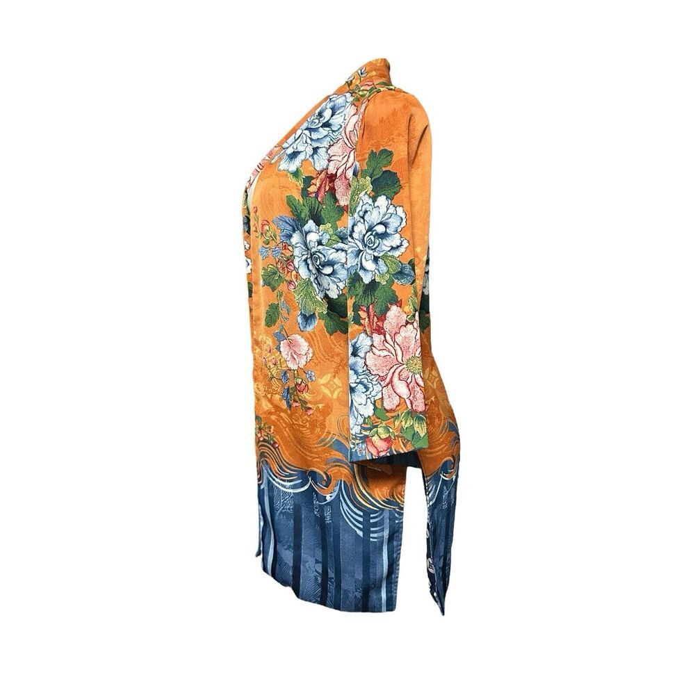 Chicos Drama Printed Kimono‎ Jacket 0  Open Front Blue Orange Floral - Picture 2 of 5